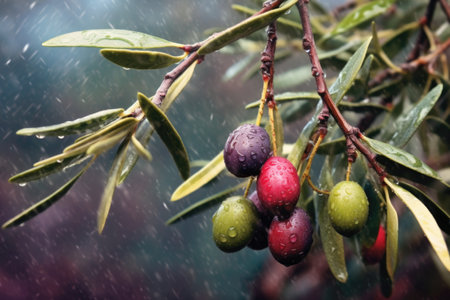 close-up of ripe olives on tree branches, created with generative aiの素材