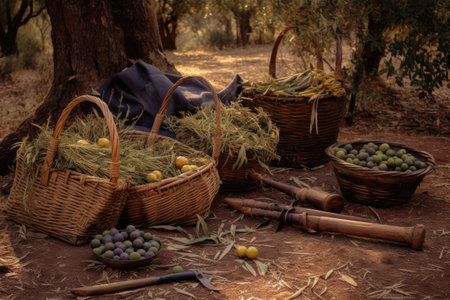 olive harvesting tools and baskets on ground, created with generative aiの素材