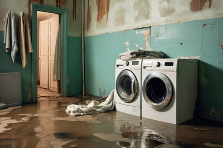 water damage on walls near flooded washer, created with generative aiの素材