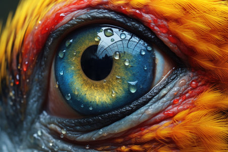 close-up of parrots eye while preening feathers, created with generative aiの素材