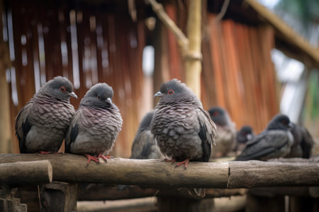 close-up of pigeons resting on wooden perches, created with generative aiの素材