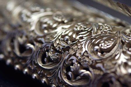 macro shot of intricate details on polished silverware, created with generative aiの素材