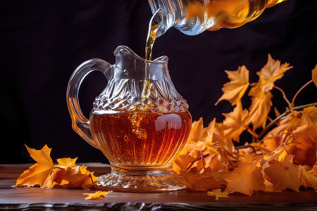 maple syrup pouring into a glass jar, created with generative aiの素材