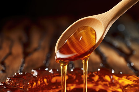 close-up of syrup dripping from wooden spoon, created with generative aiの素材