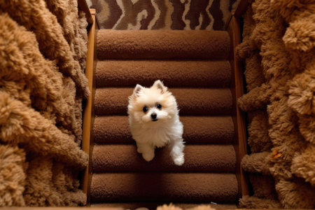 top-down view of puppy ascending staircase, created with generative aiの素材