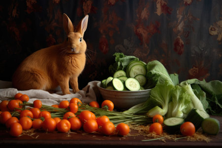 carrot pieces scattered around a rabbit, mid-chew, created with generative aiの素材
