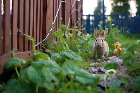 rabbit digging hole near a garden fence, created with generative aiの素材