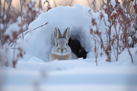 rabbit digging hole in snow-covered ground, created with generative aiの素材
