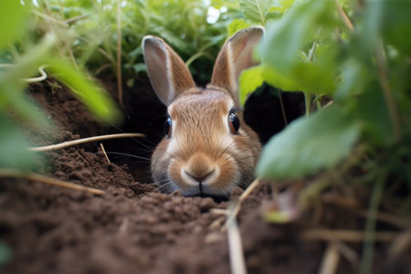 close-up of rabbit digging hole in garden, created with generative aiの素材