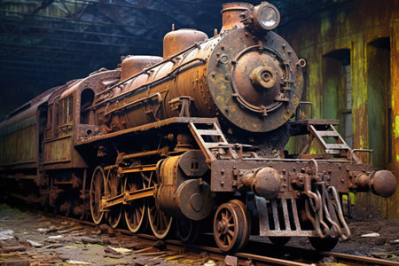 vintage steam locomotive with rusted metal and decay, created with generative aiの素材