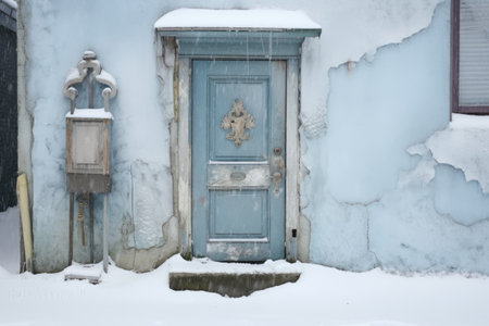 door half-covered in snow, with visible door knocker, created with generative aiの素材