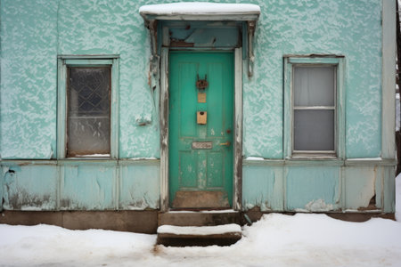 door half-covered in snow, with visible door knocker, created with generative aiの素材