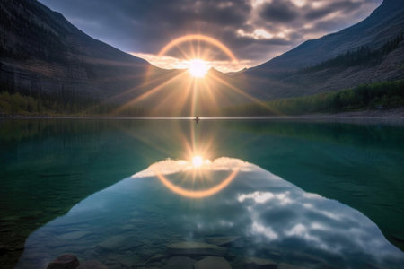 suns halo reflecting in serene mountain lake, created with generative aiの素材