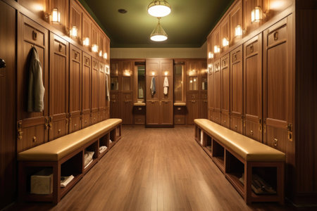 luxurious locker room with wooden lockers and benches, created with generative aiの素材