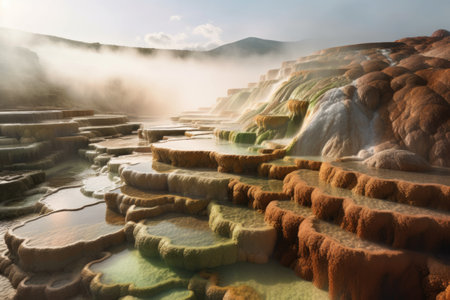 geothermal terraces with cascading water and steam, created with generative aiの素材