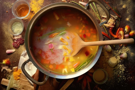 overhead view of soup ingredients being stirred, created with generative aiの素材