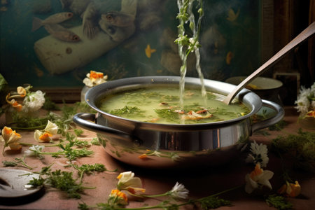 stirring soup with herbs floating on the surface, created with generative aiの素材