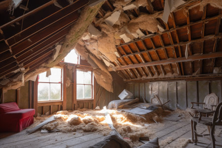 roof damage revealing exposed insulation, created with generative aiの素材