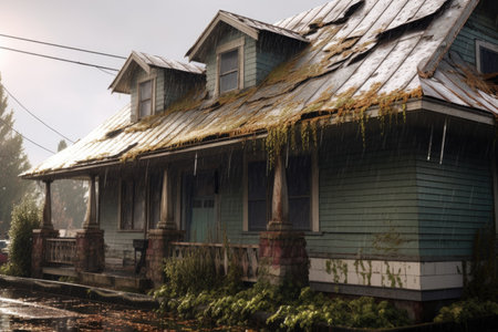 hail-damaged roof tiles and dented gutters, created with generative aiの素材