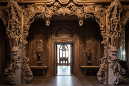 monastery entrance adorned with intricate woodwork, created with generative aiの素材
