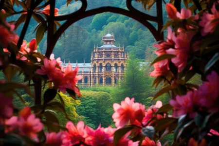 monastery seen through a frame of vibrant rhododendron blossoms, created with generative aiの素材