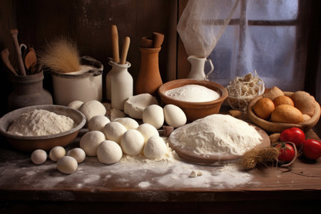 fresh dough and flour on wooden table, created with generative aiの素材