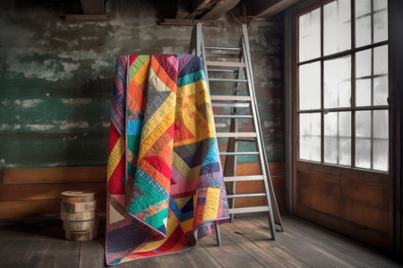 colorful quilt draped over a rustic wooden ladder, created with generative aiの素材