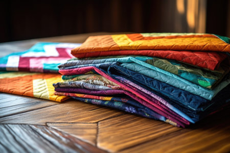 close-up of colorful quilt patterns on a wooden table, created with generative aiの素材