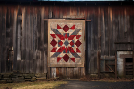 americana themed handmade quilt on an old barn door, created with generative aiの素材