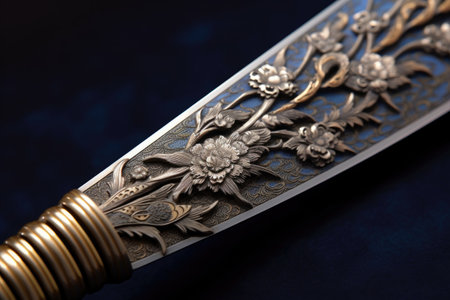 close-up of samurai sword blade with intricate details, created with generative aiの素材