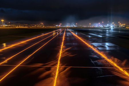 advanced runway lighting system during nighttime, created with generative aiの素材