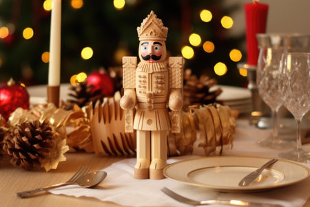 handmade wooden nutcracker on a festive table, created with generative aiの素材