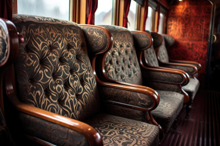 close-up of luxurious vintage train seats with intricate patterns, created with generative aiの素材