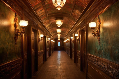 vintage train corridor with ornate ceiling and wall lamps, created with generative aiの素材