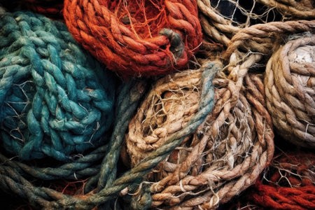 close-up of knots and texture in weathered fishing nets, created with generative aiの素材