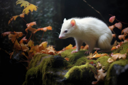 albino raccoon foraging for food in a wooded area, created with generative aiの素材