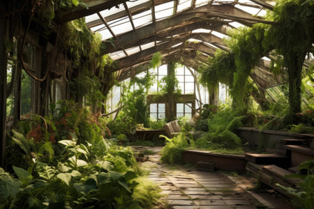 collapsed greenhouse roof with surrounding greenery, created with generative aiの素材