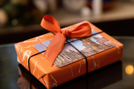 close-up of gift tag on wrapped present, created with generative aiの素材