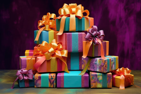 colorful gift boxes with ribbons and bows, created with generative aiの素材