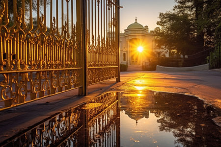 wrought iron gate reflecting sunlight at golden hour, created with generative aiの素材