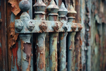 close-up of weathered iron gate with peeling paint, created with generative aiの素材