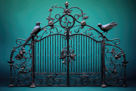 wrought iron gate with a bird perched on top, created with generative aiの素材