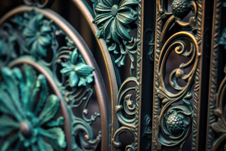 close-up of intricate wrought iron gate details, created with generative aiの素材