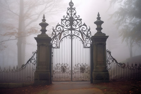 weathered wrought iron gateway in the fog, created with generative aiの素材