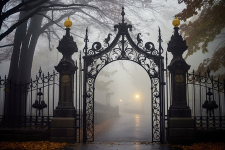 victorian-style wrought iron gateway in a foggy scene, created with generative aiの素材