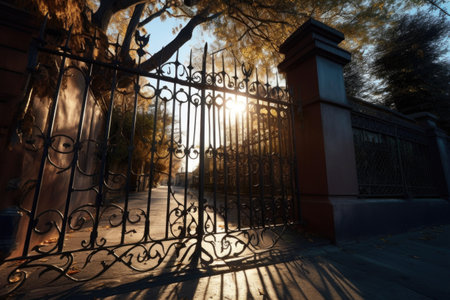 sunlight casting shadows through a wrought iron gate, created with generative aiの素材