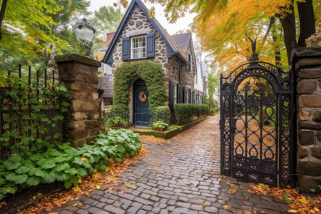 rustic wrought iron gate in a cobblestone pathway, created with generative aiの素材