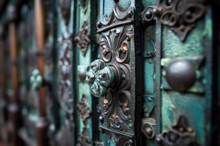 close-up of vintage iron gate details, created with generative aiの素材