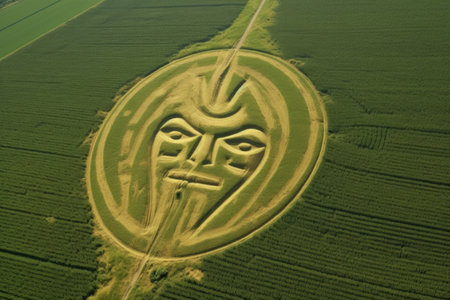 overhead shot of a crop circle mimicking an alien face, created with generative aiの素材