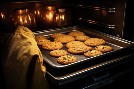 oven mitts holding a hot tray of golden cookies, created with generative aiの素材